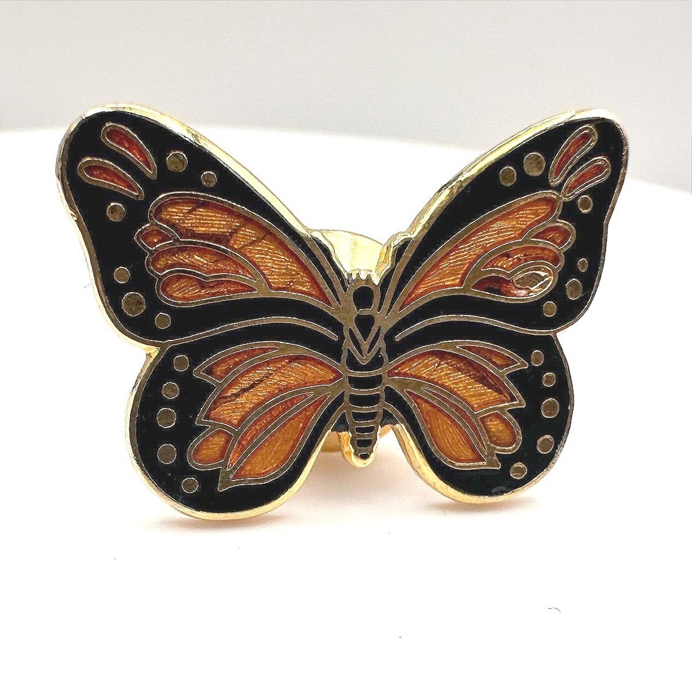 Vintage 90s Black Orange Enamel Butterfly Broochโ Pin Gold Tone Insect Jewelry